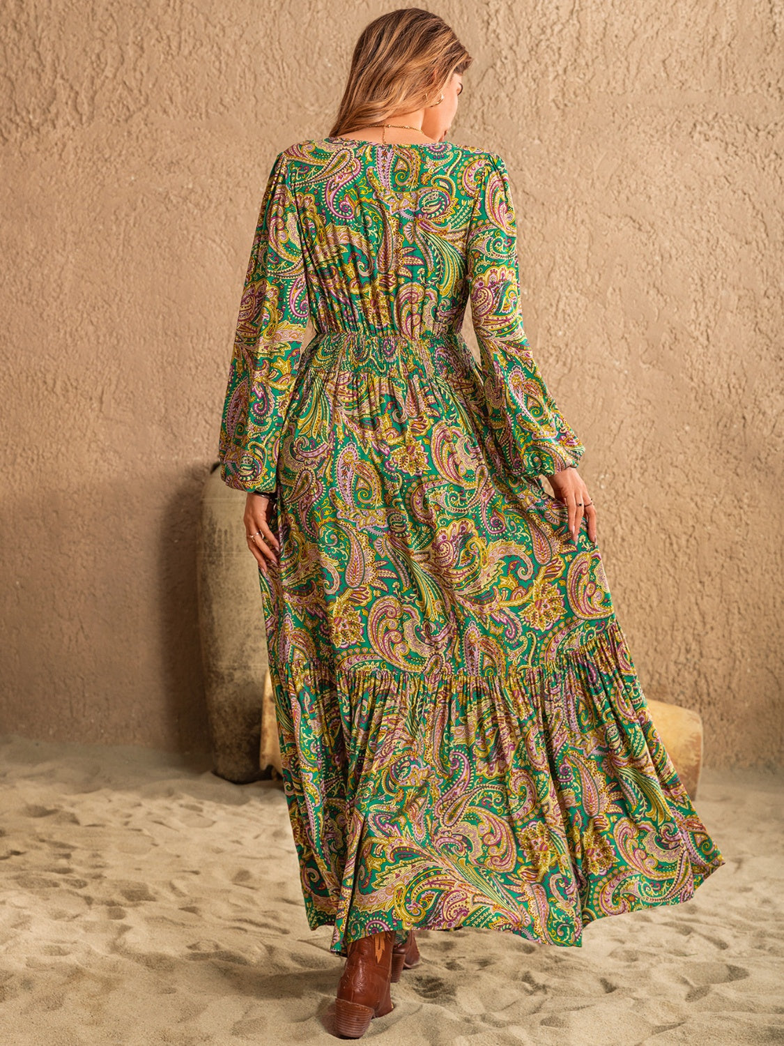 Printed Tie Neck Long Dress - HOORR