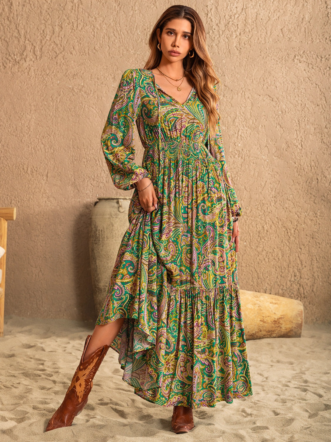 Printed Tie Neck Long Dress - HOORR