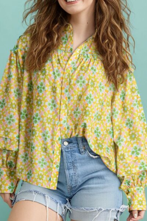 Frill Printed Collared Blouse