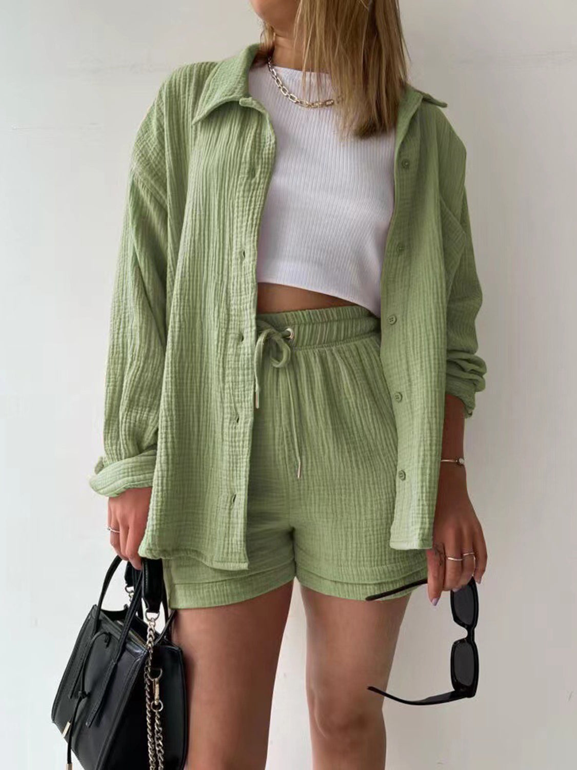 Texture Button Up Shirt Shorts Set - HOORR