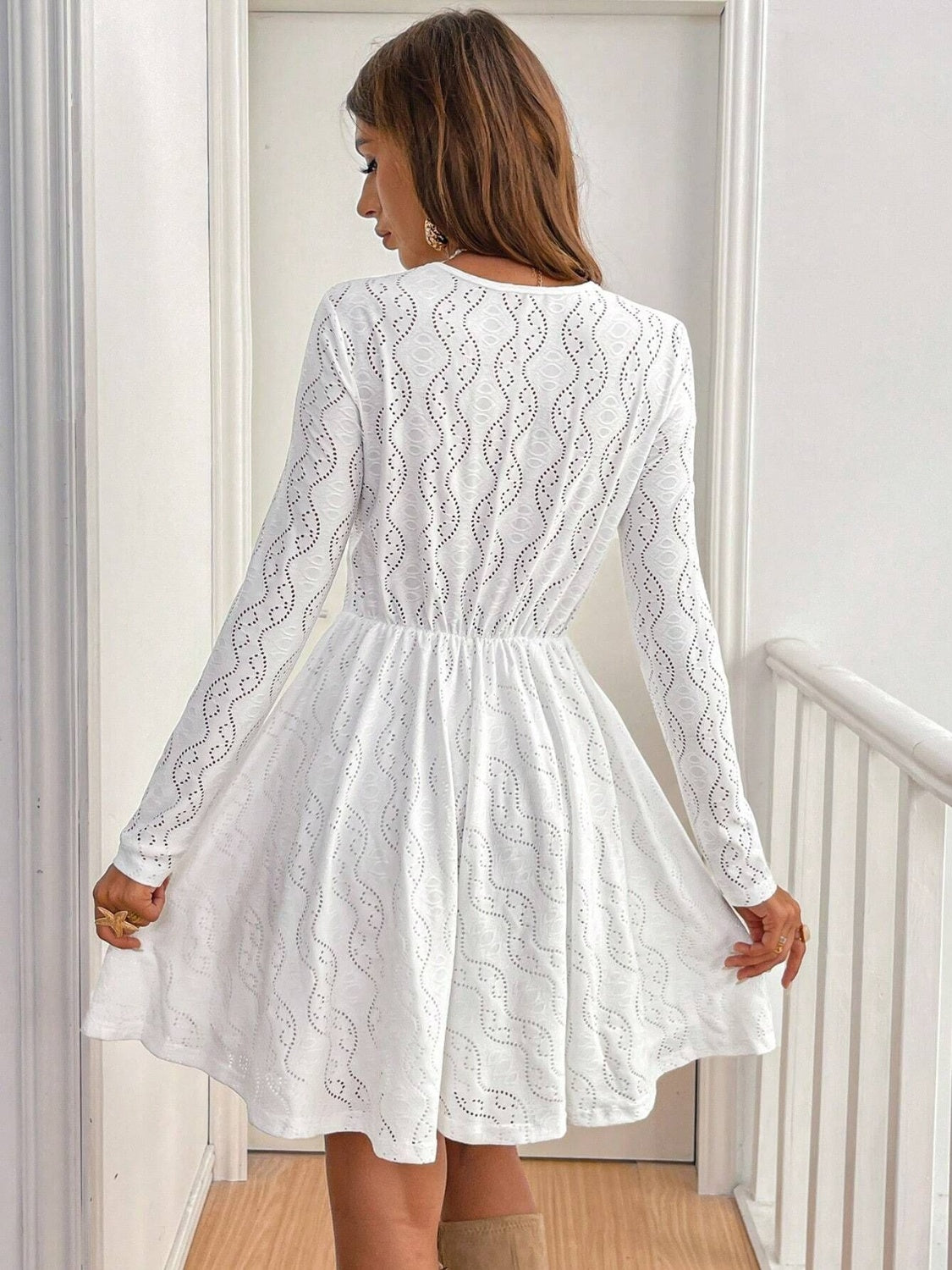 Lace Detail V Neck Long Sleeve Mini Dress - HOORR