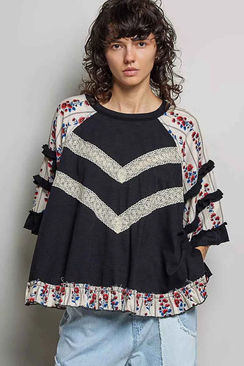 POL Round Neck Half Sleeve Contrast Floral Lace Oversized Knit Top