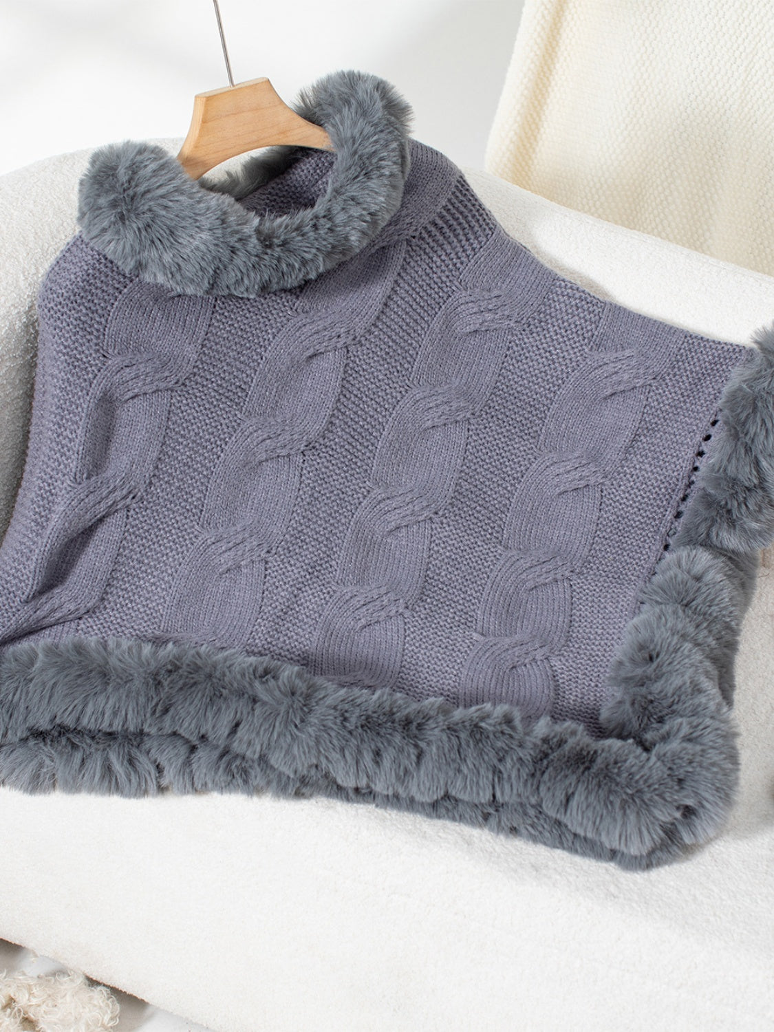 Fuzzy Hem Cable-Knit Poncho - HOORR