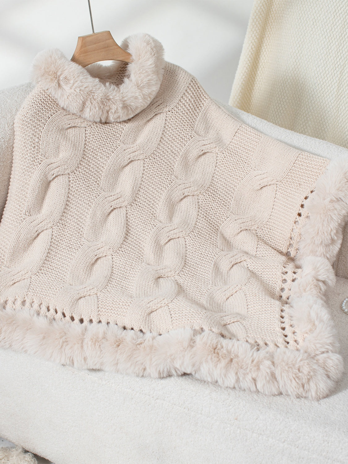 Fuzzy Hem Cable-Knit Poncho - HOORR