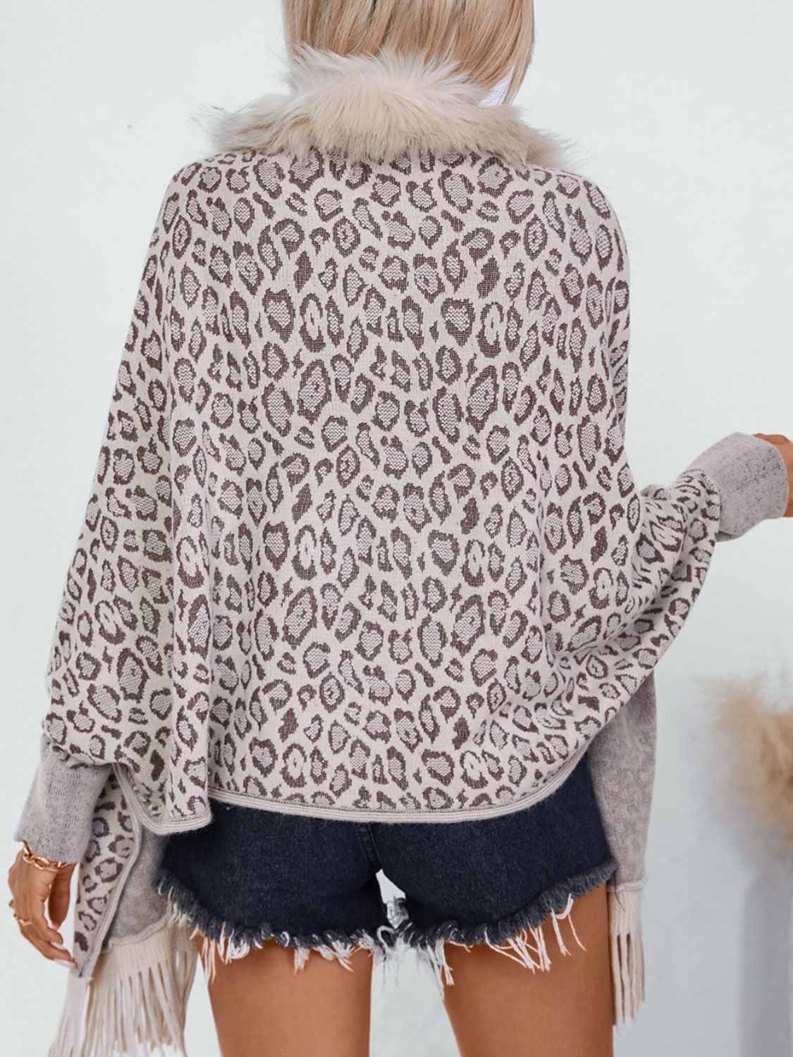 Fringe Leopard Sleeve Poncho - HOORR