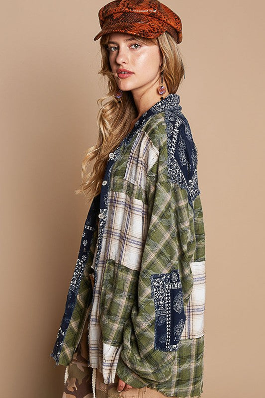 Patchwork Plaid Button Up Shirt - HOORR