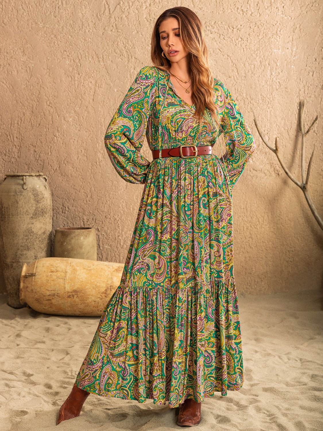 Printed Tie Neck Long Dress - HOORR