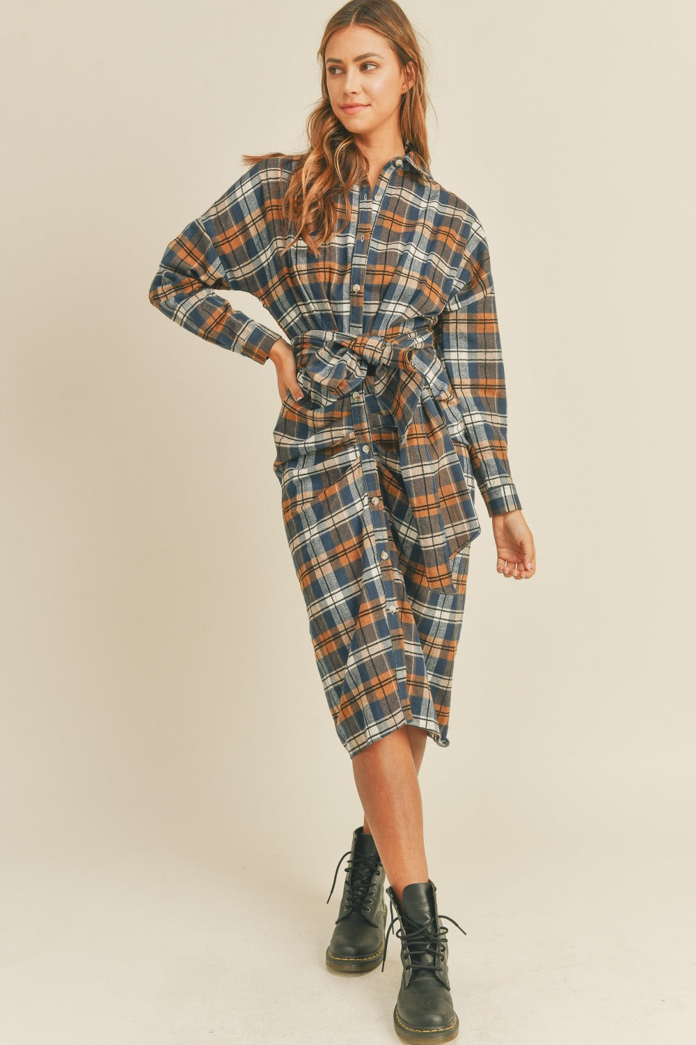 Flannel Front Tie Button Shirt Dress - HOORR