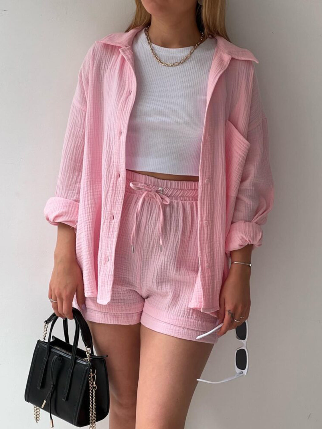 Texture Button Up Shirt Shorts Set - HOORR