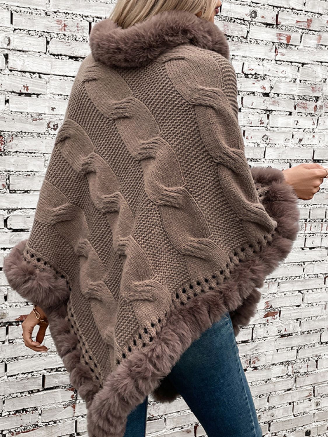 Fuzzy Hem Cable-Knit Poncho - HOORR