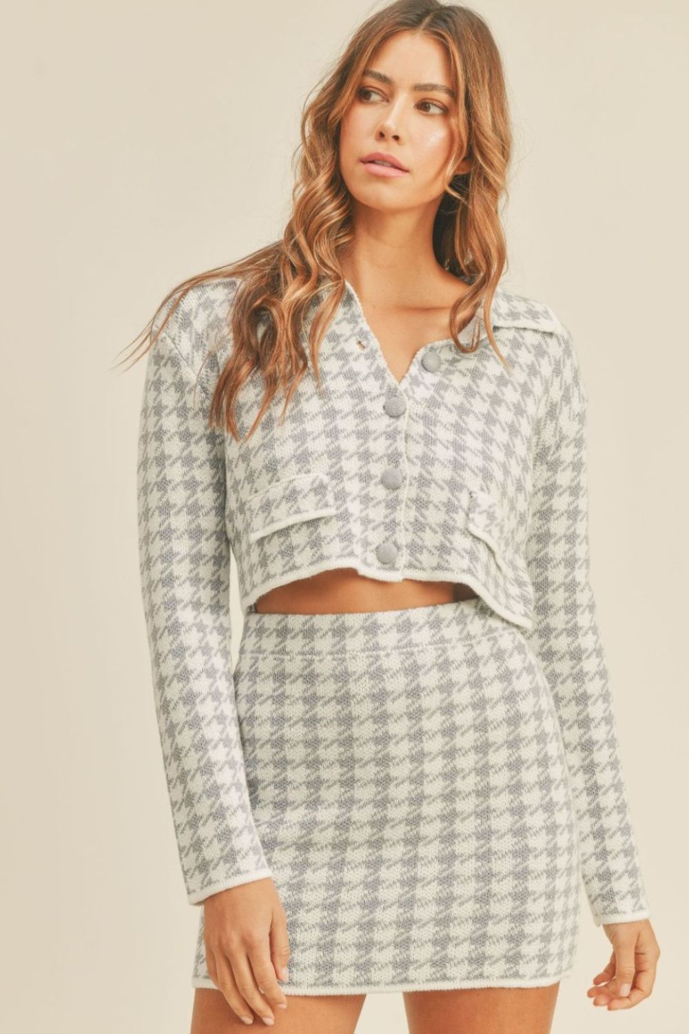 Houndstooth Cardigan Skirt Set