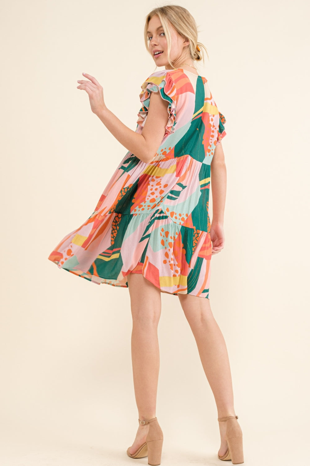 Printed Double Ruffle Sleeve Dress - HOORR