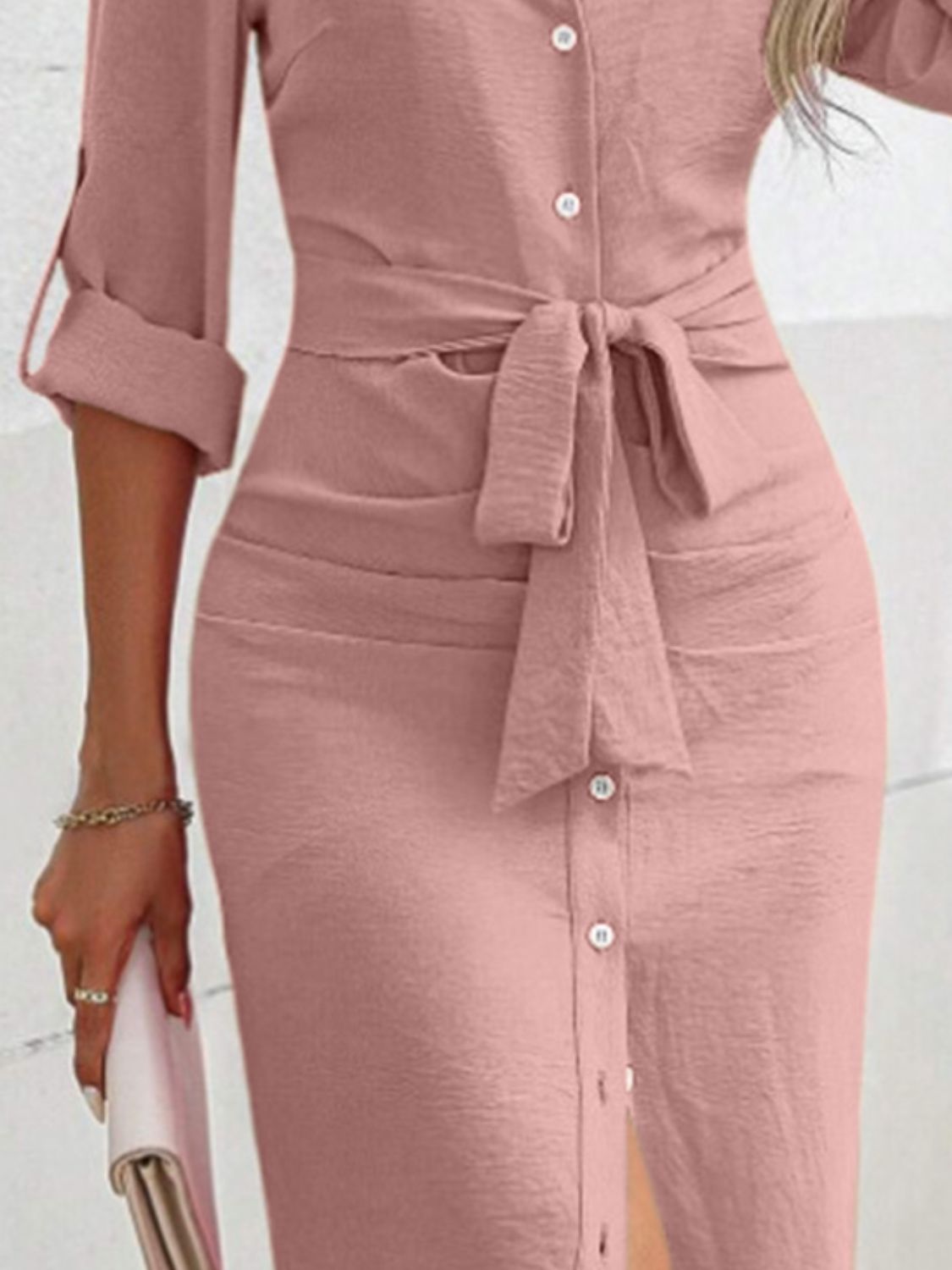 Tied Button Up Collared Dress - HOORR