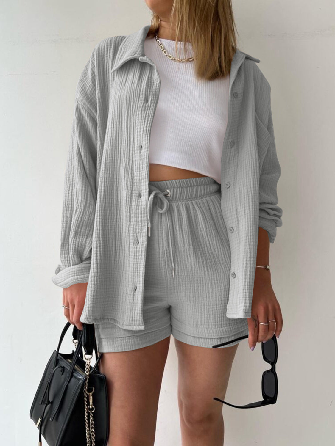 Texture Button Up Shirt Shorts Set - HOORR