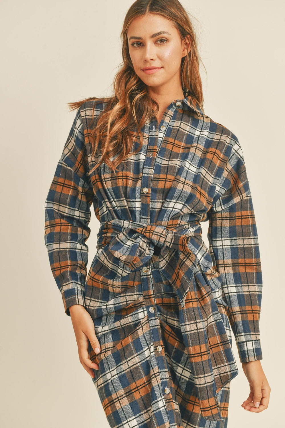 Flannel Front Tie Button Shirt Dress - HOORR