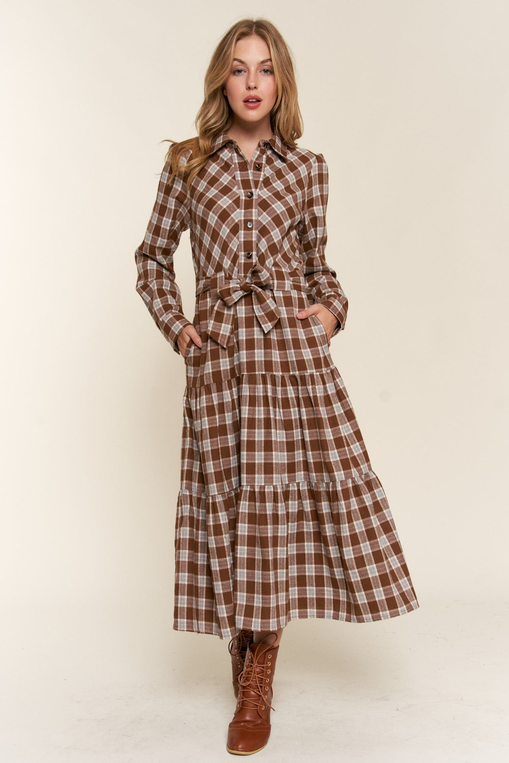 Plaid Tiered Midi Shirt Dress - HOORR