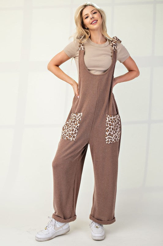 Ribbed Leopard Tied Overalls