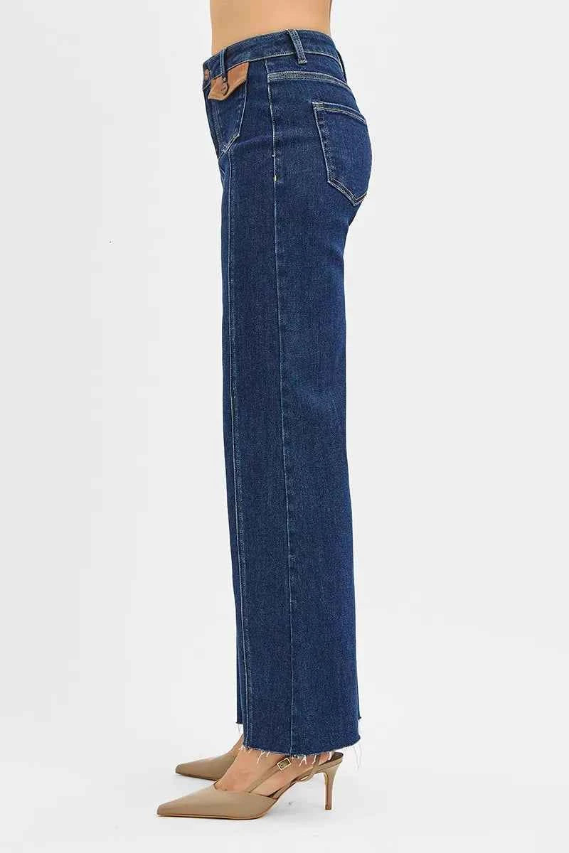 RISEN High Rise Wide Flare Jeans with Front Leather Pocket Detail