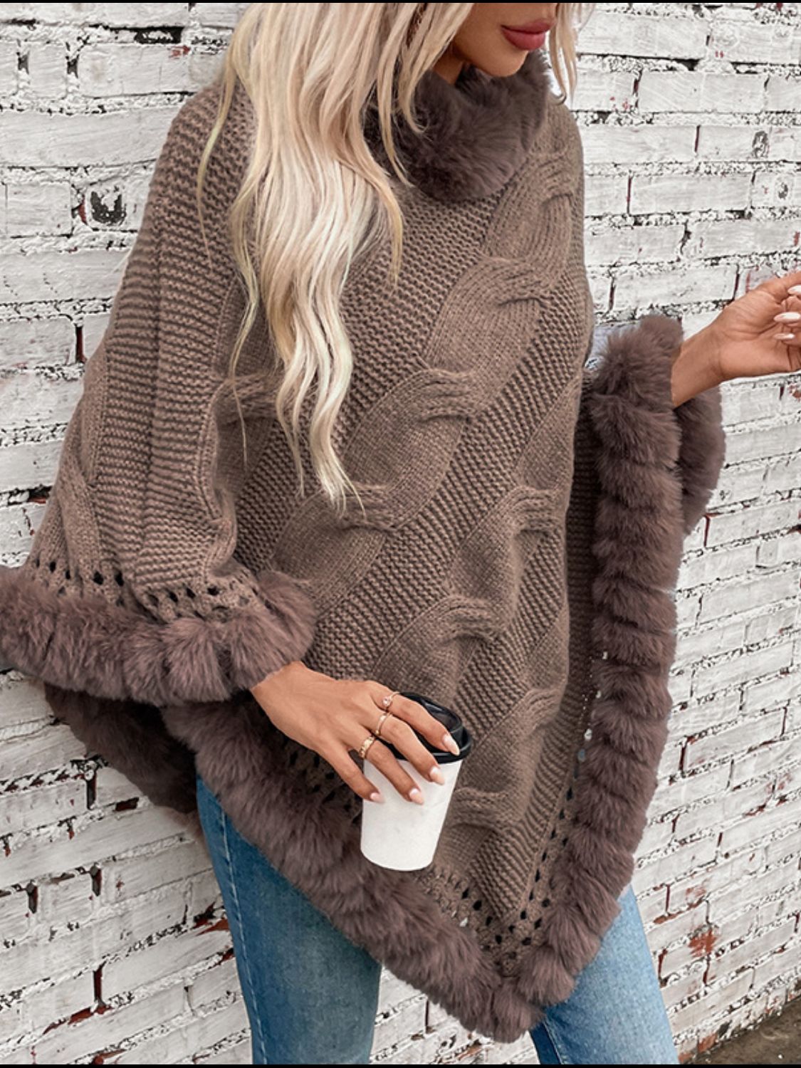 Fuzzy Hem Cable-Knit Poncho - HOORR