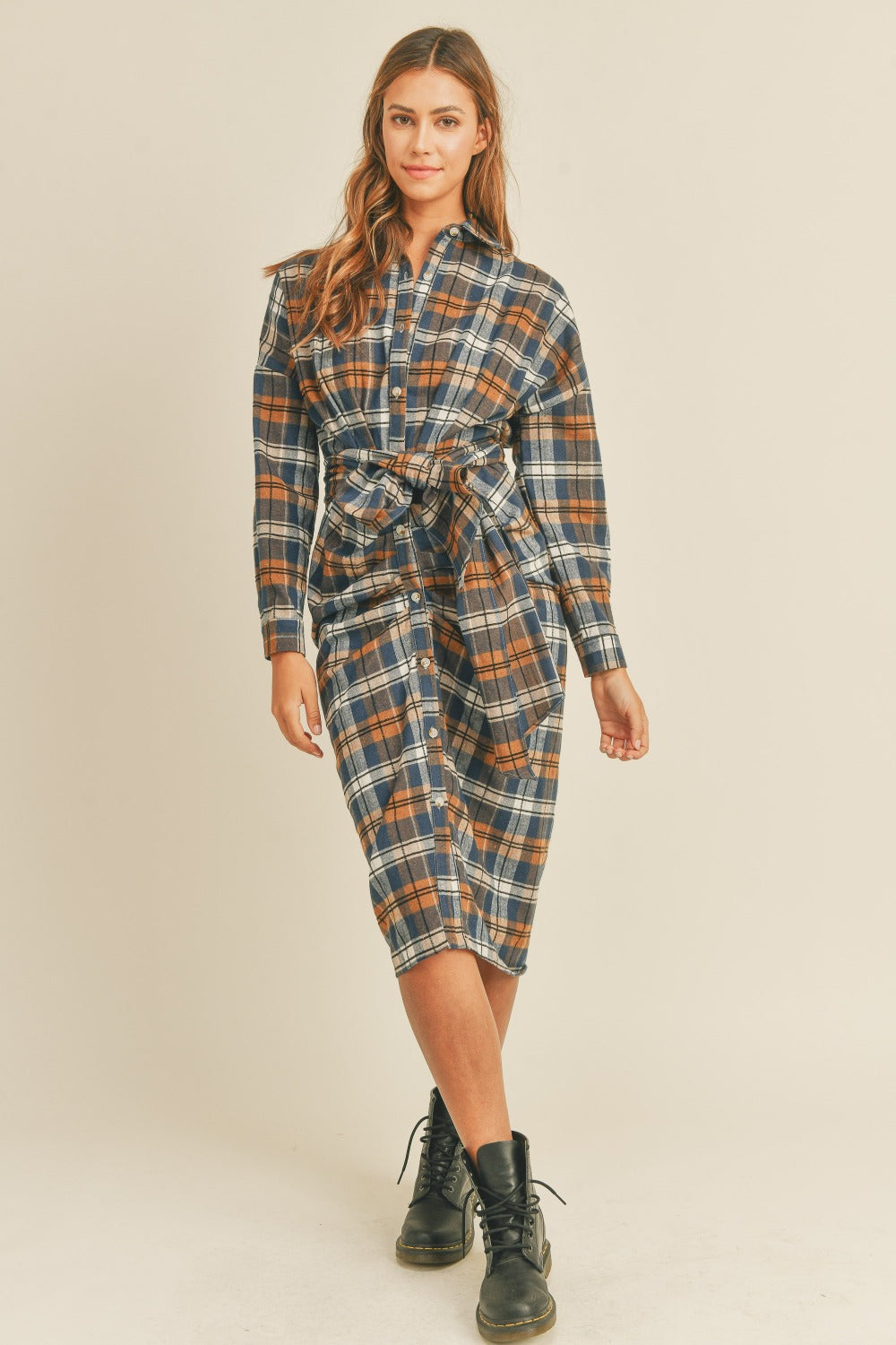 Flannel Front Tie Button Shirt Dress - HOORR