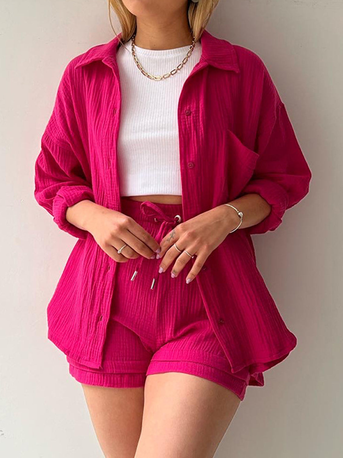 Texture Button Up Shirt Shorts Set - HOORR