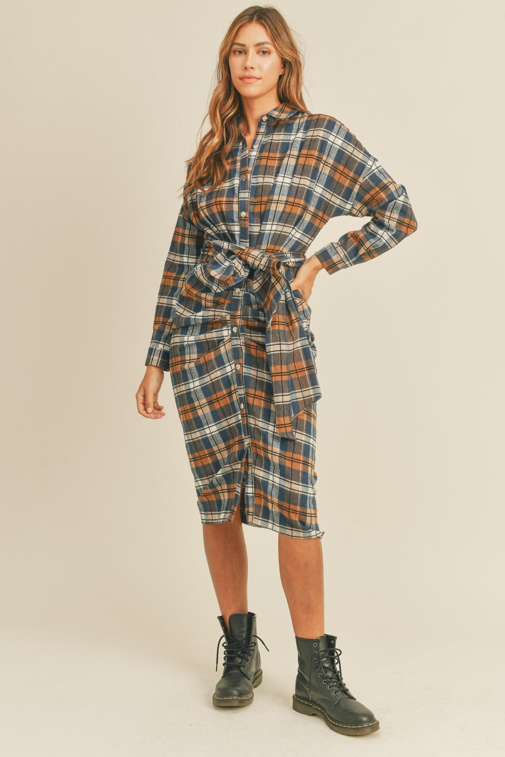 Flannel Front Tie Button Shirt Dress - HOORR