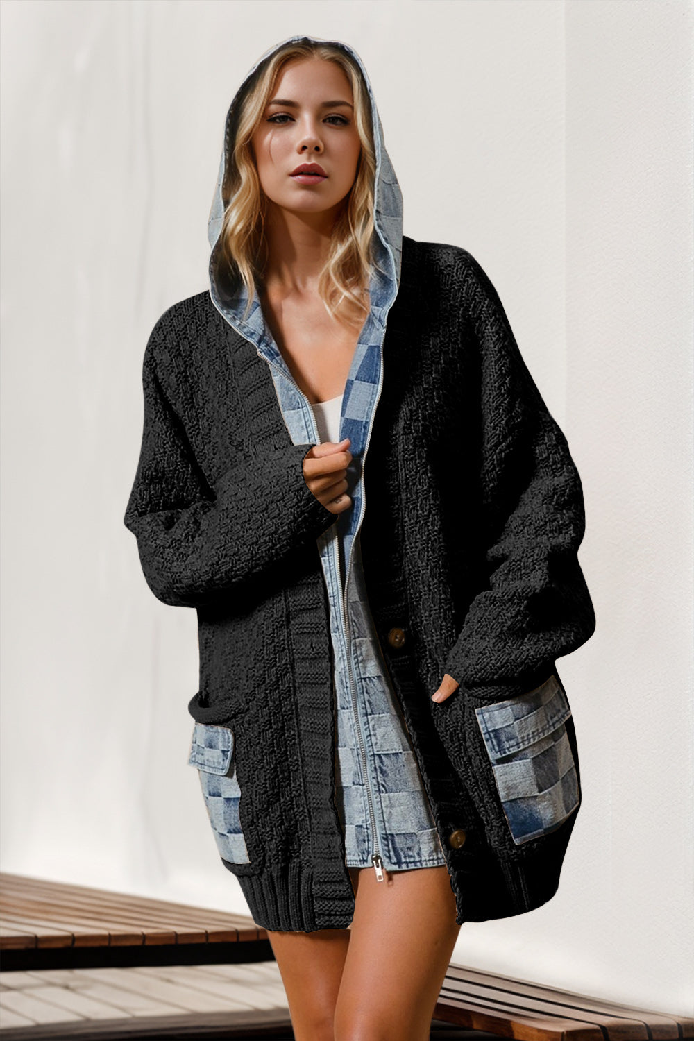 Double Hooded Denim Spliced Cardigan - HOORR