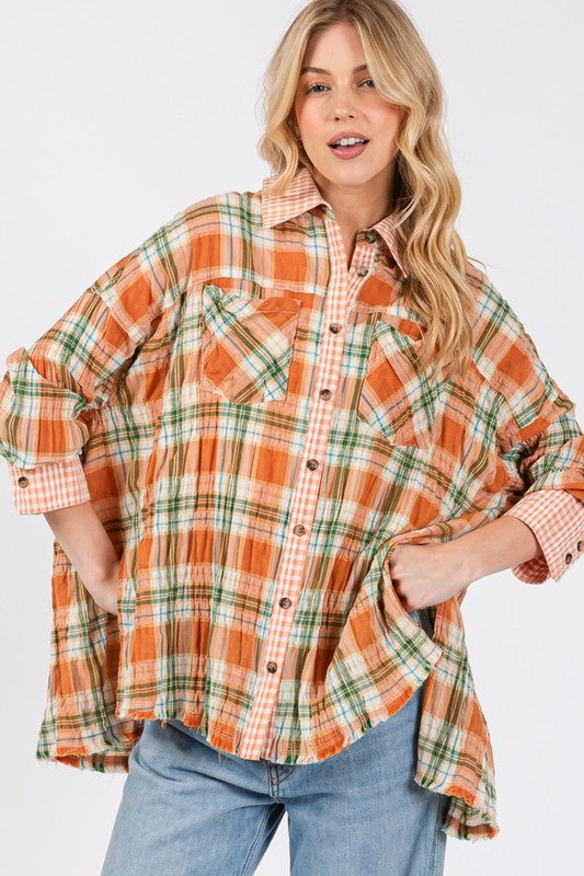 Side Slit Plaid Button Down Shirt