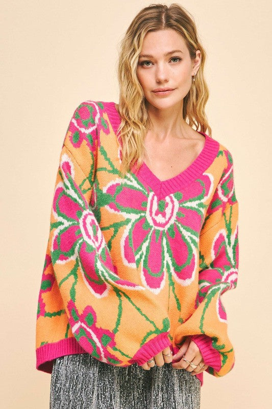 Floral Contrast Dropped Sweater - HOORR