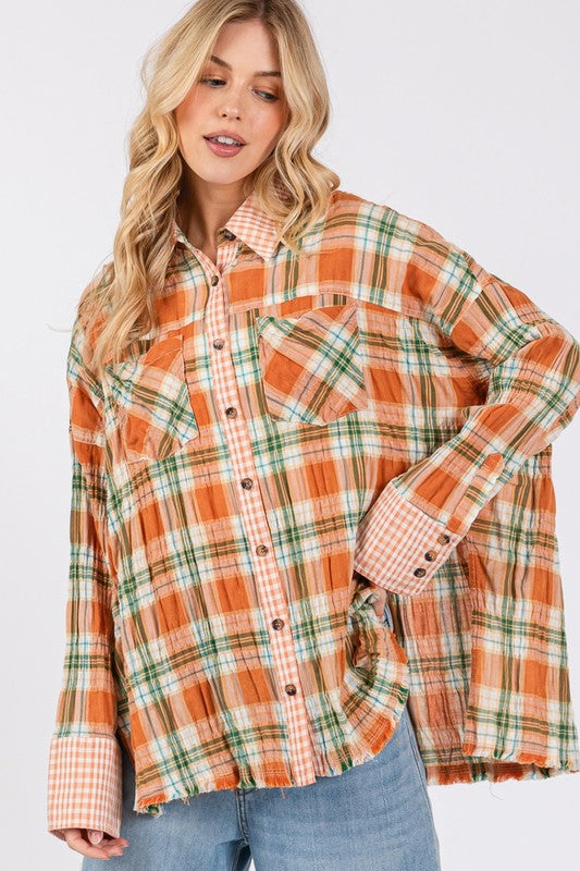 Side Slit Plaid Button Down Shirt