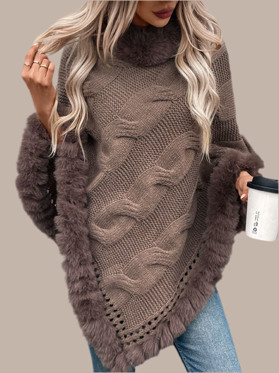 Fuzzy Hem Cable-Knit Poncho - HOORR