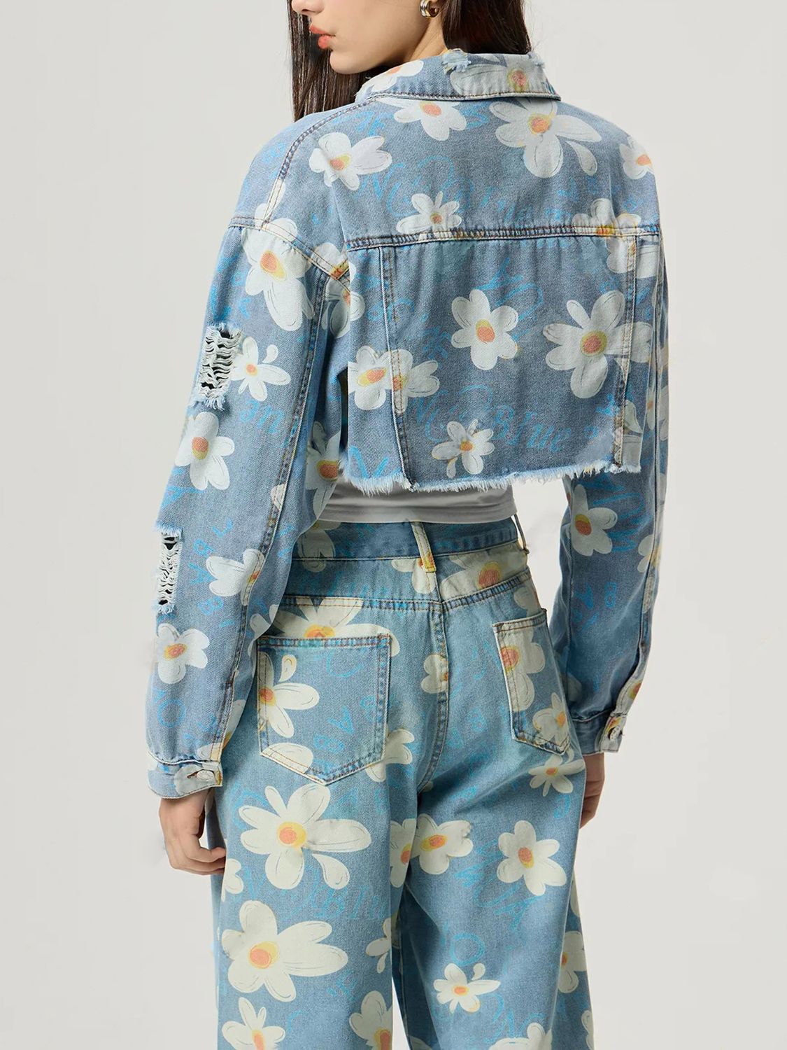 Distressed Hem Floral Denim Jacket - HOORR