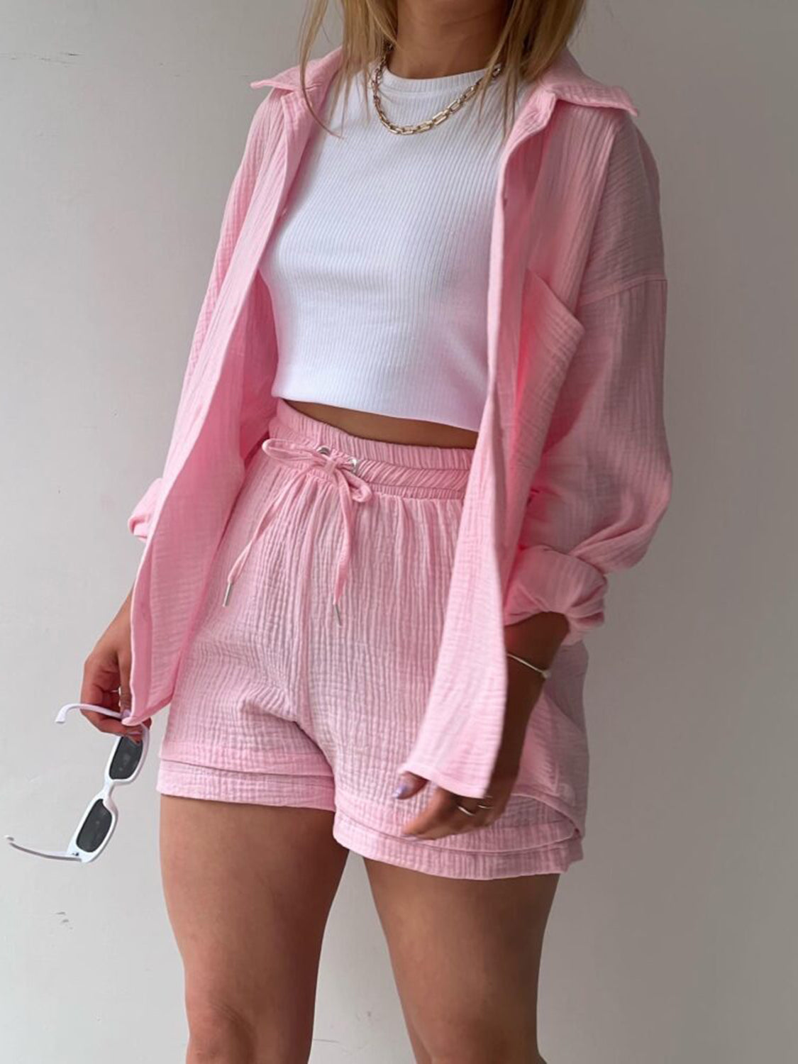 Texture Button Up Shirt Shorts Set - HOORR