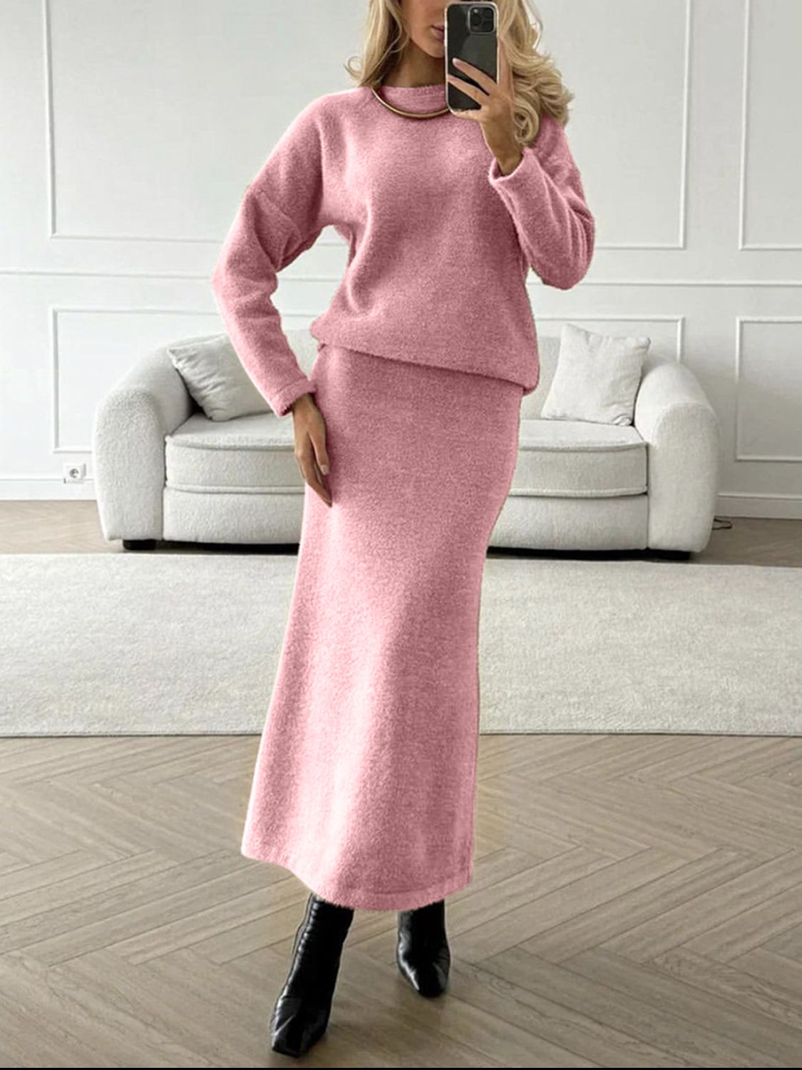 Top and Midi Skirt Sweater Set - HOORR