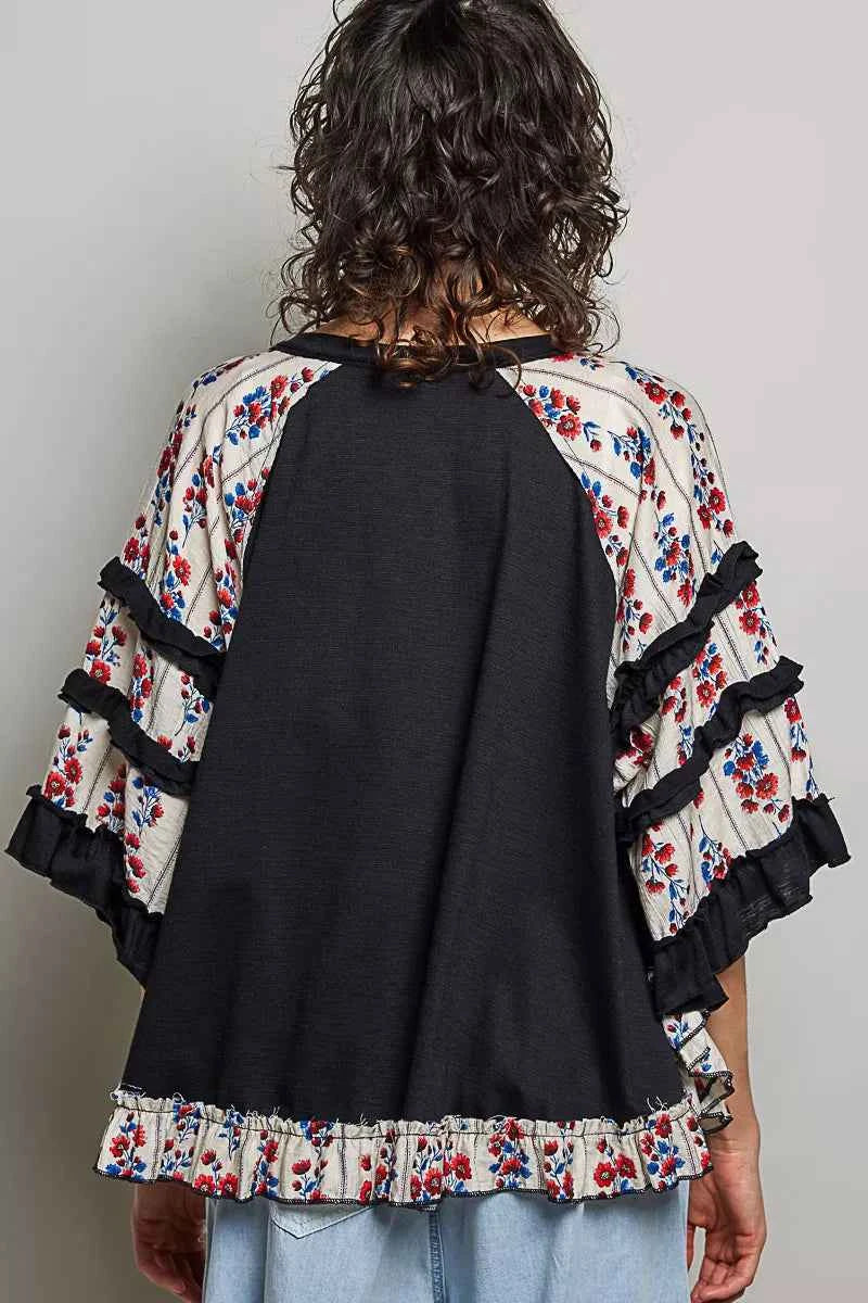 POL Round Neck Half Sleeve Contrast Floral Lace Oversized Knit Top