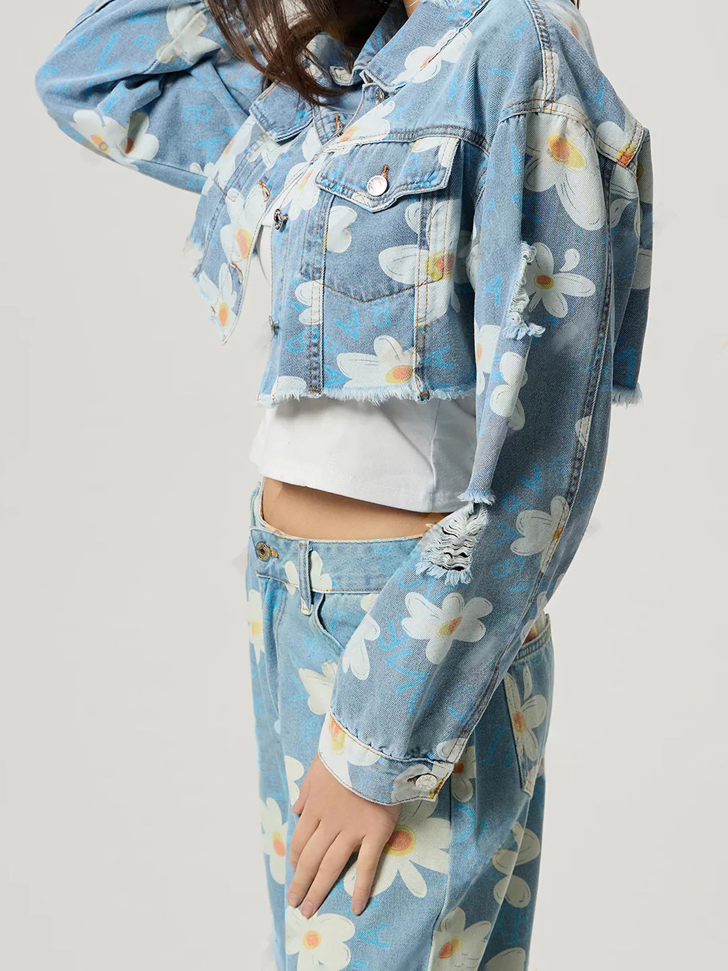 Distressed Hem Floral Denim Jacket - HOORR