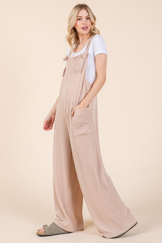 Knot Ribbed Overalls Pockets