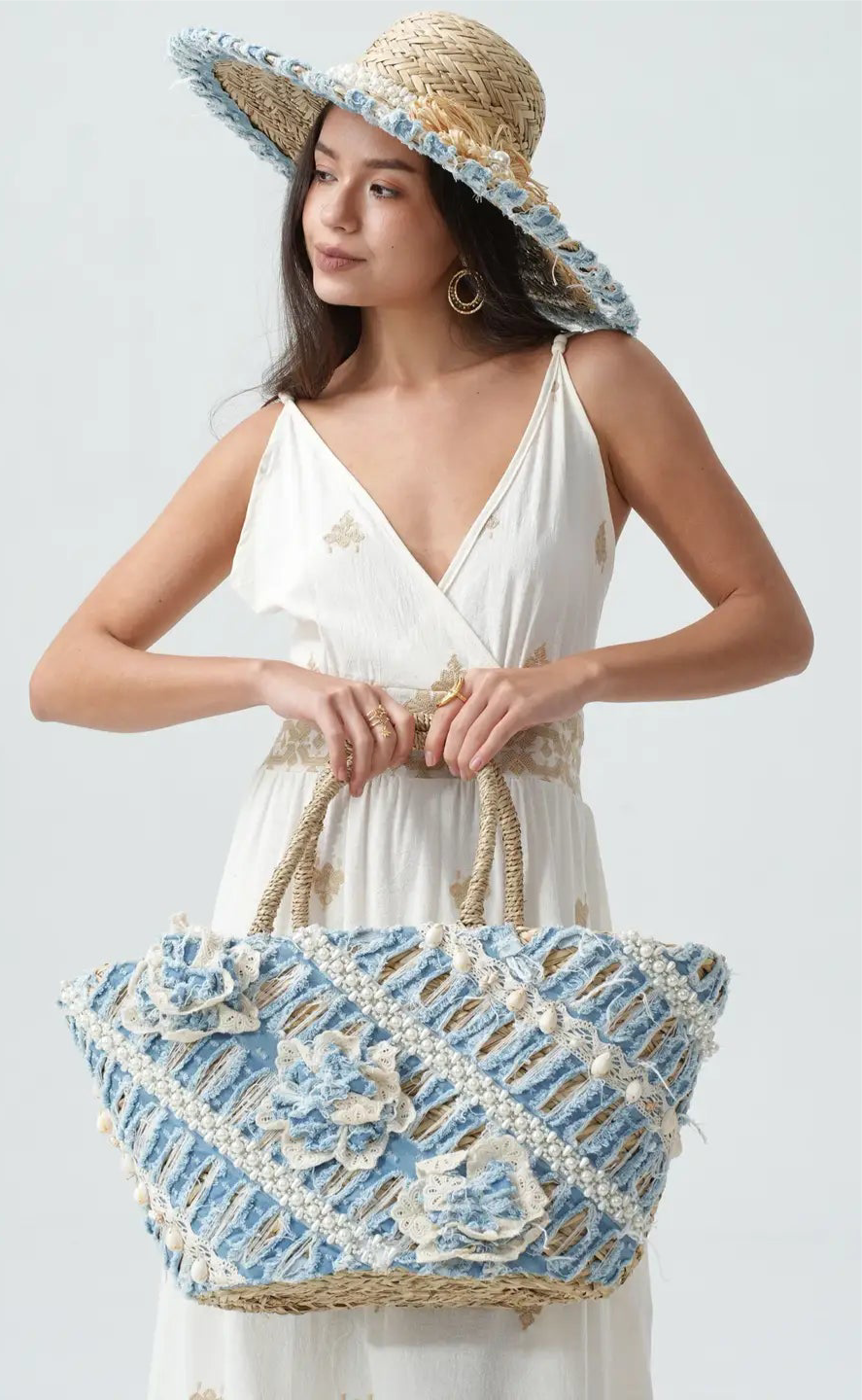 Fairy Denim Adorned Beads Basket