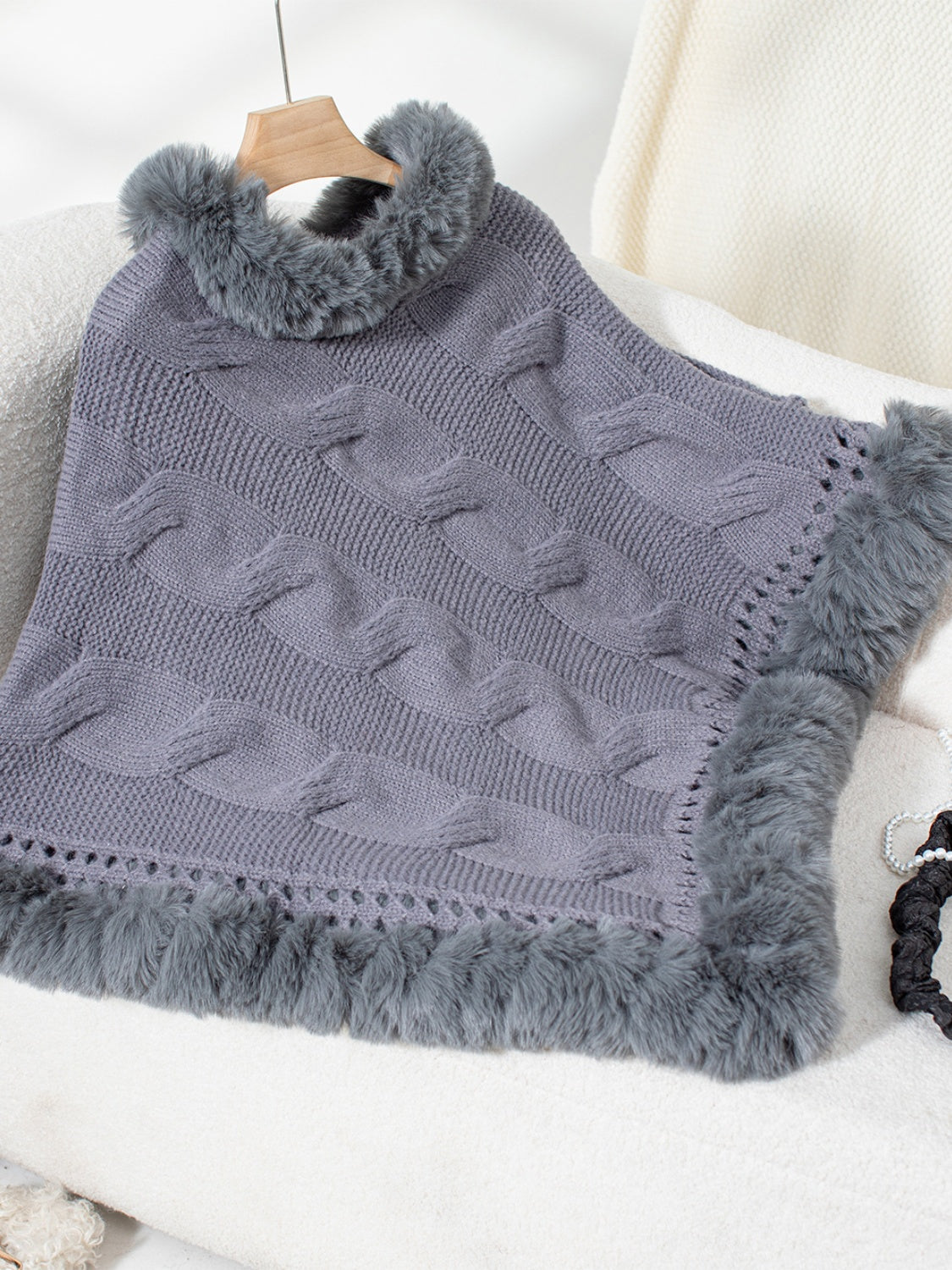 Fuzzy Hem Cable-Knit Poncho - HOORR