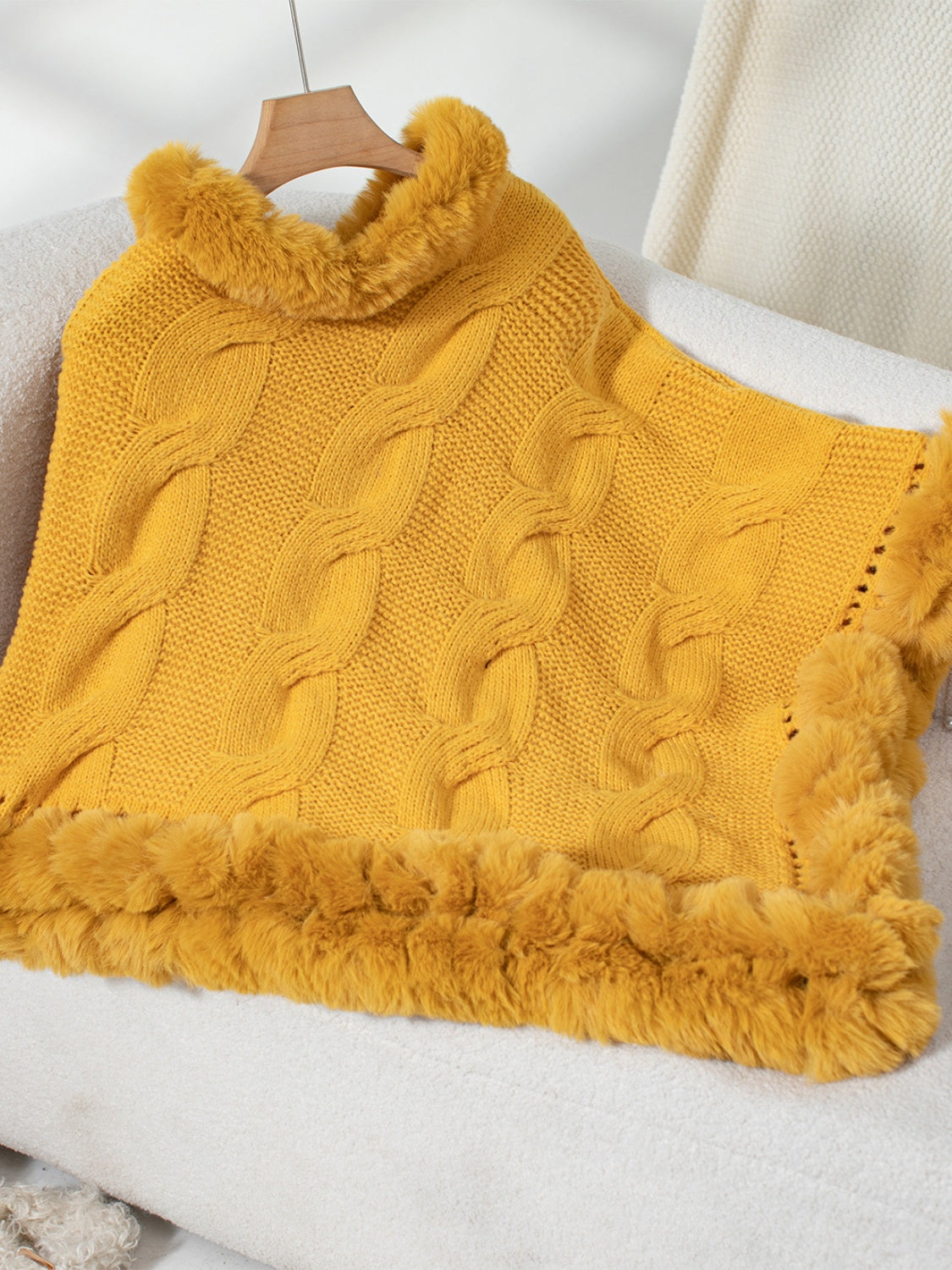 Fuzzy Hem Cable-Knit Poncho - HOORR