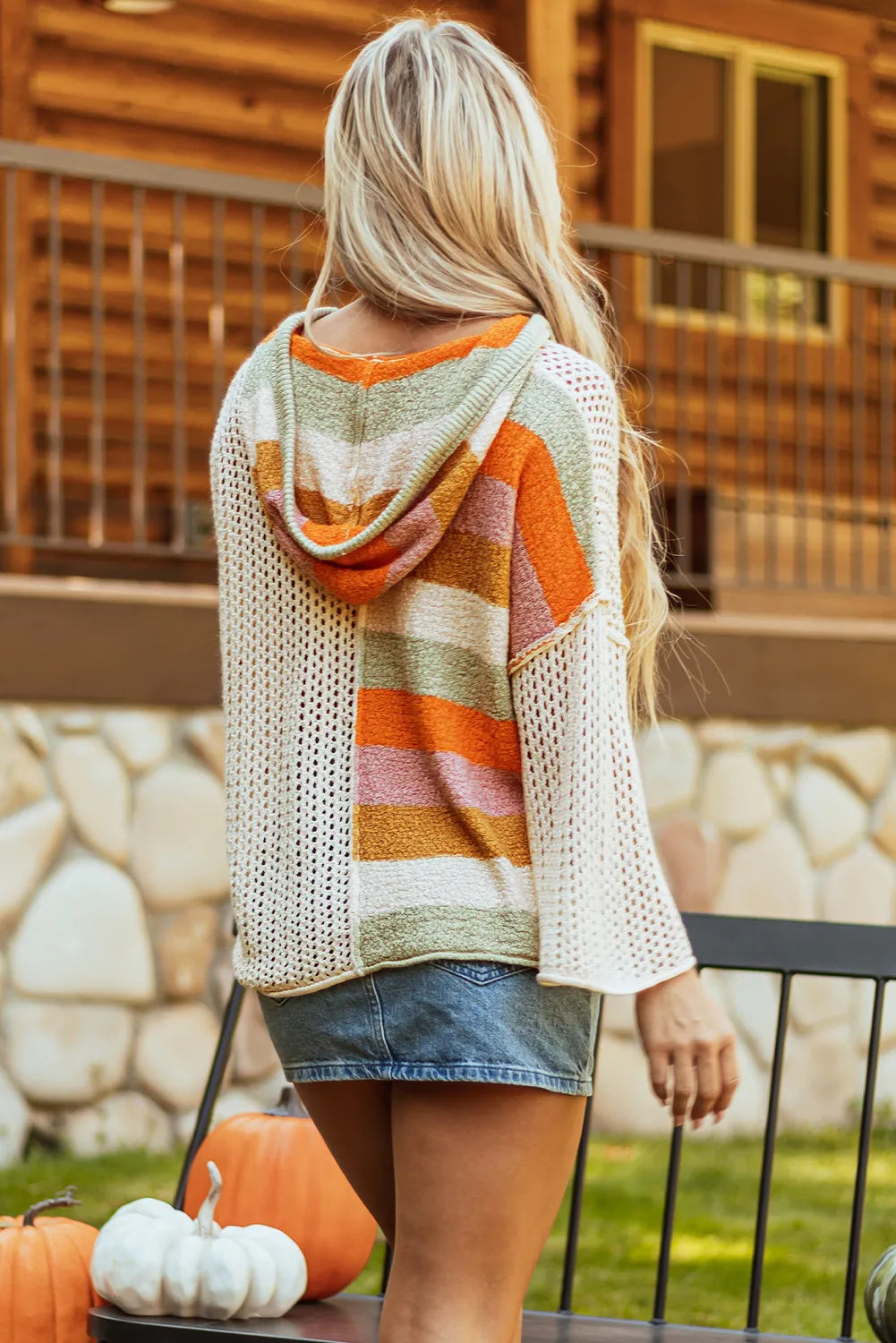 Openwork Color Hooded Sweater