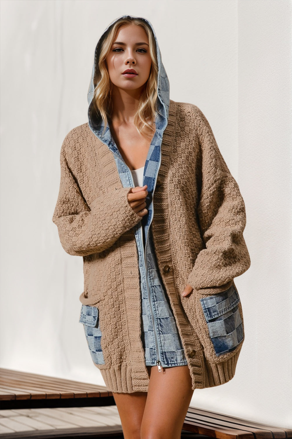 Double Hooded Denim Spliced Cardigan - HOORR