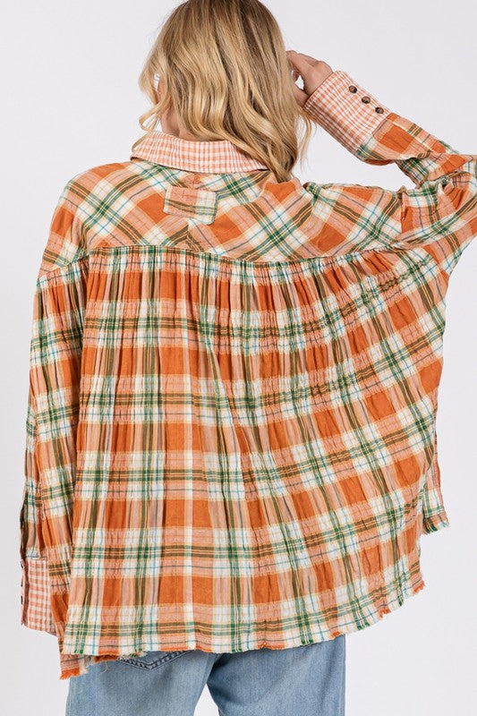 Side Slit Plaid Button Down Shirt