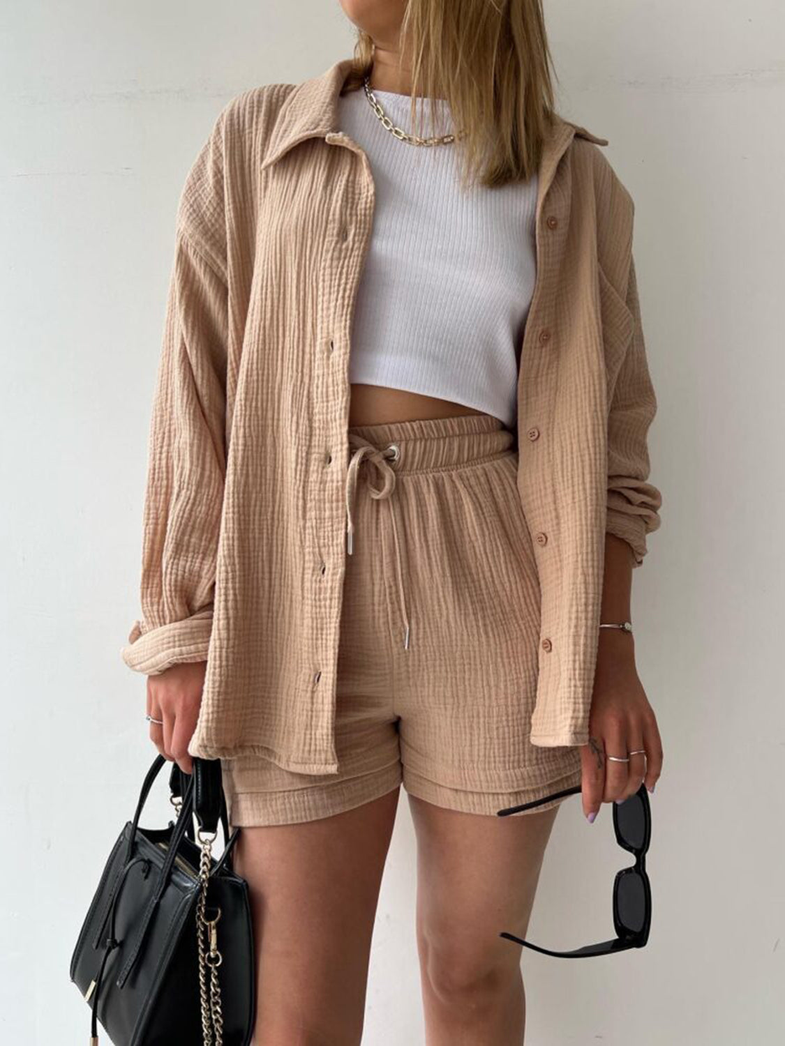 Texture Button Up Shirt Shorts Set - HOORR