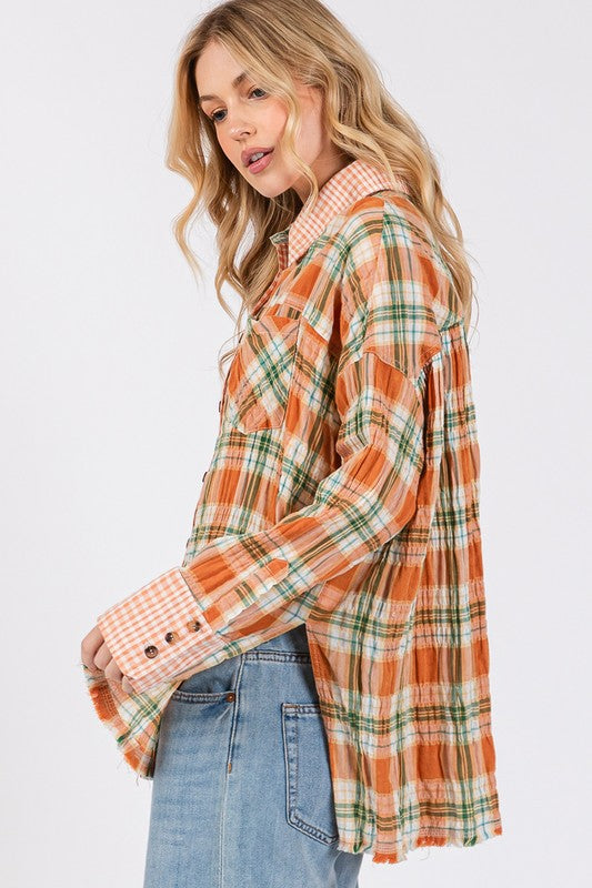 Side Slit Plaid Button Down Shirt