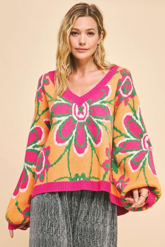 Floral Contrast Dropped Sweater - HOORR