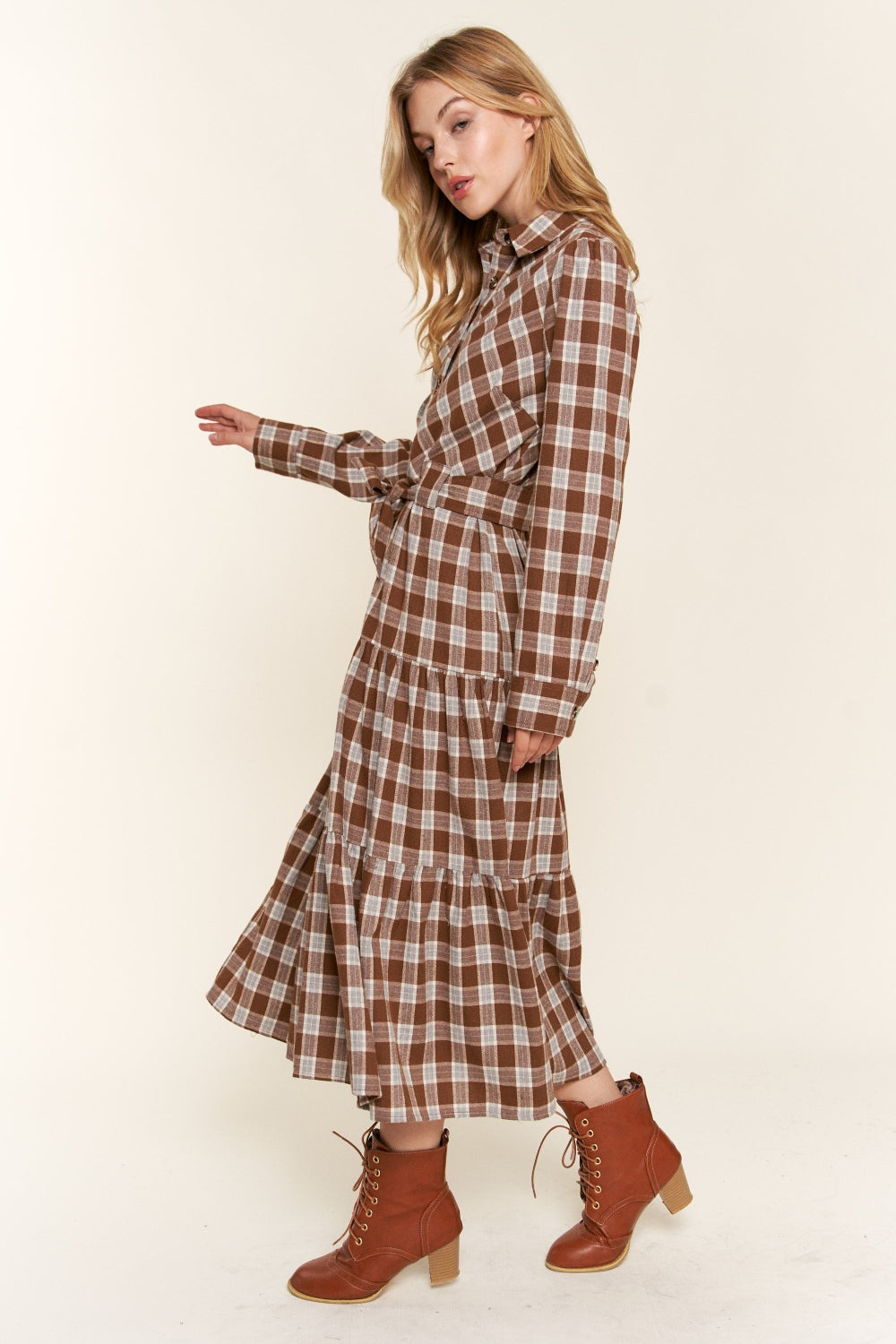 Plaid Tiered Midi Shirt Dress - HOORR