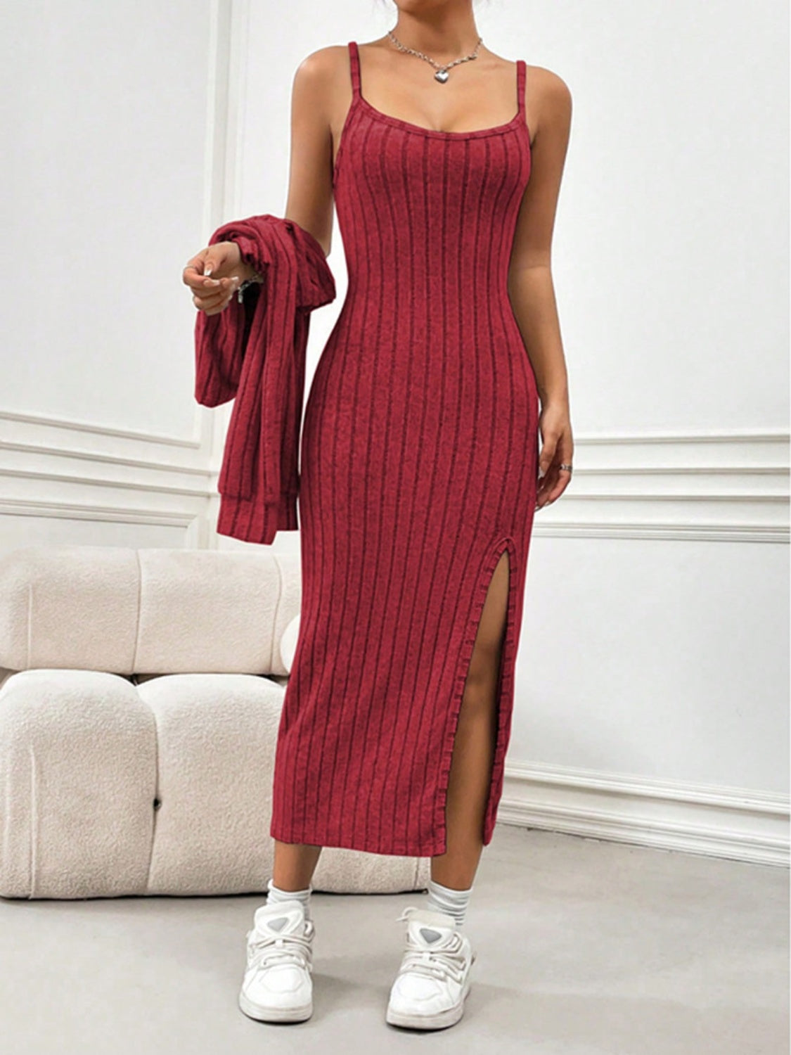 Ribbed Cardigan Cami Dress Set