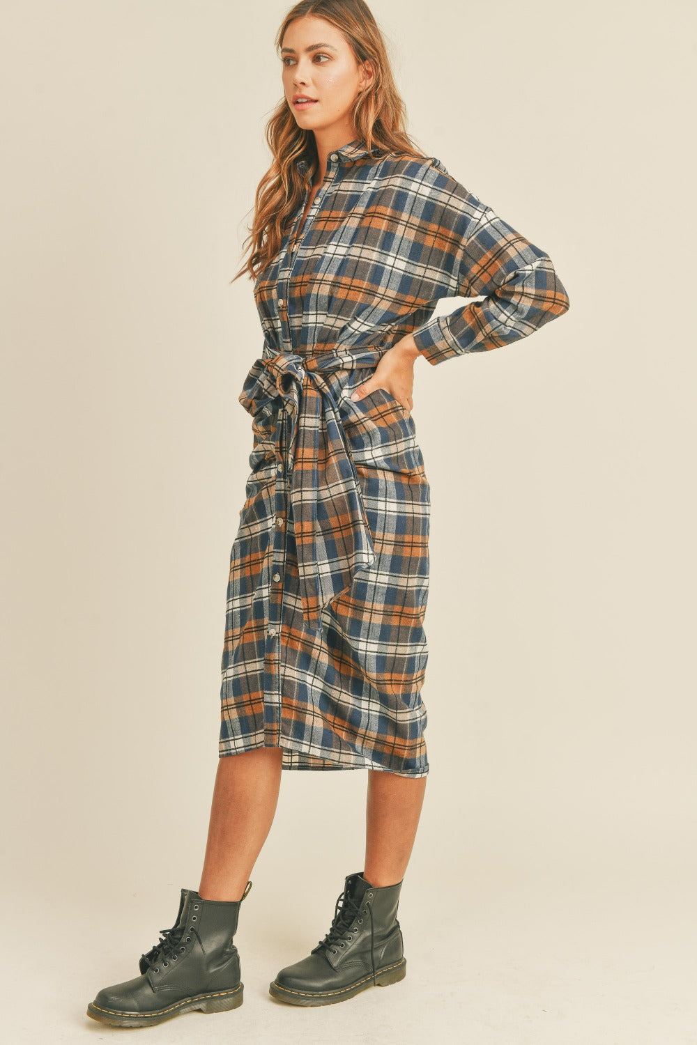 Flannel Front Tie Button Shirt Dress - HOORR