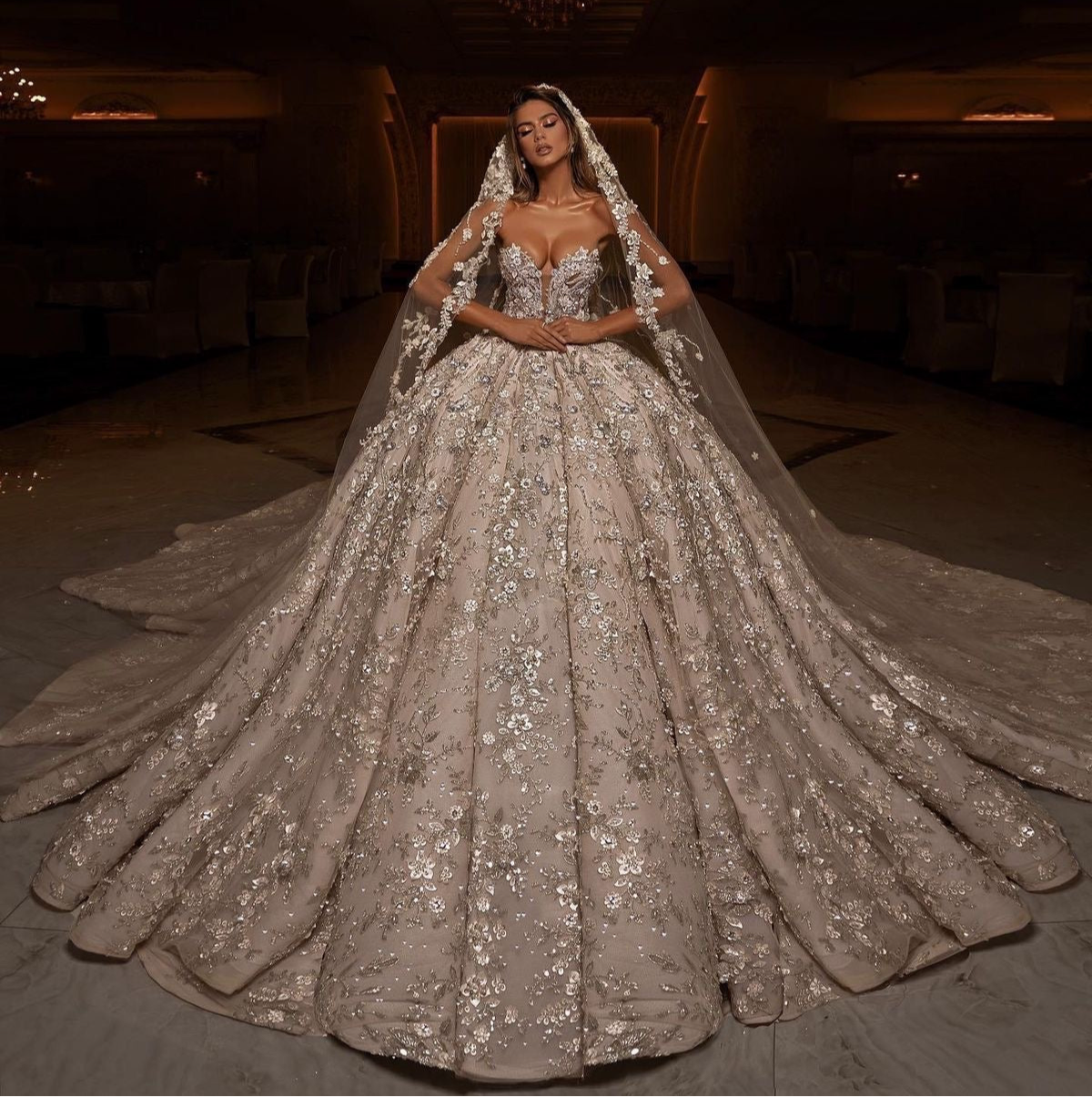 Sequin Lace Strapless Ball Gown Wedding